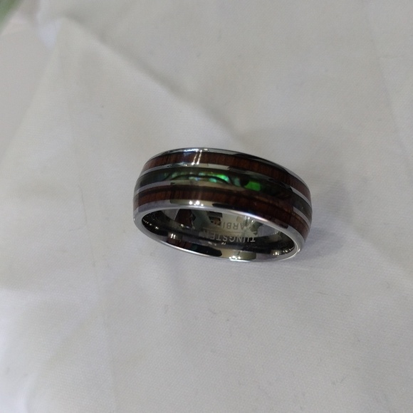Tungsten Carbide Hawaiian Koa Wood and Abalone Shell Wedding Band Ring Size 9.5 - Picture 6 of 11